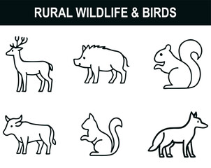 Rural Wildlife & Birds Icon Set &ndash; Black Line Art of Deer, Wild Boars, Squirrels, Cows & Foxes for Cultural, Educational & Biodiversity Projects