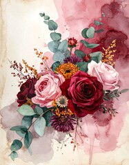 Watercolor floral bouquet on aged paper