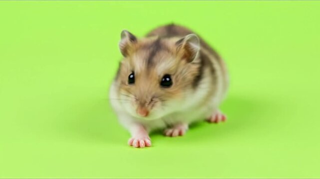 A cute, small, fluffy hamster with brown and white fur, dark eyes, and tiny paws, is walking forward on a bright green background.
