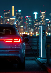 Electric Car Charging in City Night: A sleek, modern electric vehicle charges at a charging station against the backdrop of a vibrant city skyline at night, illuminated by streetlights.