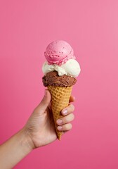Trio of Delights: A hand grasps a delightful waffle cone, crowned with a trio of ice cream scoops - strawberry, vanilla, and chocolate - against a vibrant pink backdrop.
