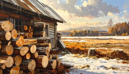 A rustic log cabin stands amidst a winter landscape, showcasing a stack of firewood and a serene vista.