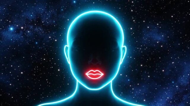 Futuristic neon silhouette of a woman's head with glowing red lips against a cosmic background of stars, representing AI and technology