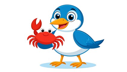 Obraz premium A cheerful blue bird holds a friendly red crab, showcasing bright colors and a playful cartoon style.