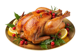 A Traditional Holiday Roast Chicken, Cut Out, Clipping Path, Isolated on a Transparent PNG Background.
