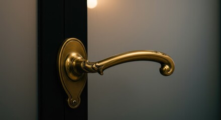 Close-up of a decorative gold door handle on black doors