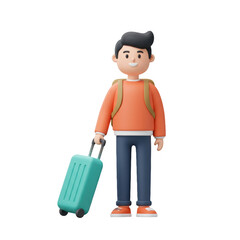 3d Cartoon Traveler Character with Suitcase and Backpack Ready for Holiday Journey
