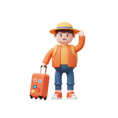 3d Illustration of Cheerful Cartoon Traveler Character with Suitcase for Holiday Journey