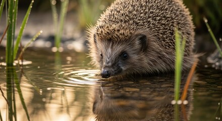 A small European hedgehog carefully drinks water from a shallow puddle, its reflection visible on the calm surface amidst green reeds.