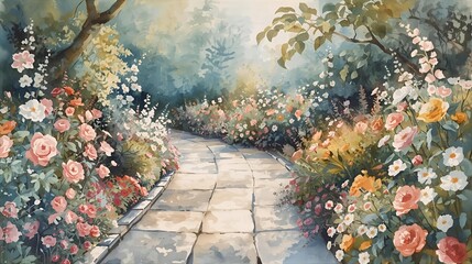 Watercolor depiction of a blossoming garden pathway, inviting stroll through vibrant blooms and lush greenery