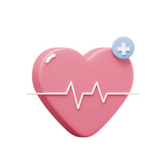 3d Icon of Pink Heart with Heartbeat Line and Plus Sign for Healthcare