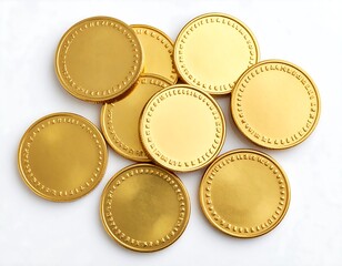 Golden coins clustered on a white surface