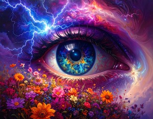 Eye amidst cosmic flowers and lightning