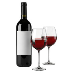 A Restaurant Or Bar Scene with a Wine Bottle And Glasses, Cut Out, Clipping Path, Isolated on a Transparent PNG Background.