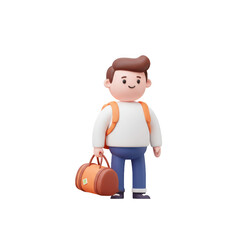 Cute 3d Cartoon Character with Backpack and Travel Bag Ready for Vacation Trip