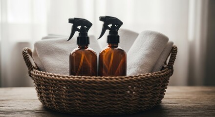 Fototapeta premium Amber spray bottles and white towels sit in woven basket on wood table