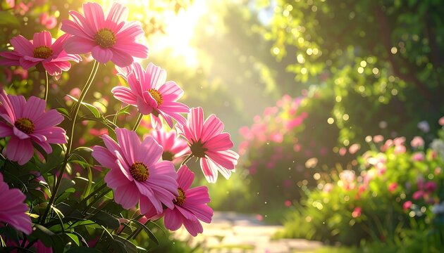 Pink cosmos in sunlight