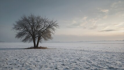 Fototapeta premium Winter landscape with frosted tree silhouette under a serene sky with soft, golden light