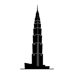 Silhouette of a tall skyscraper with a distinctive tiered design, standing against a white background.