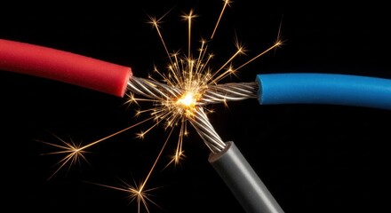 Bare wires short-circuiting with sparks on black