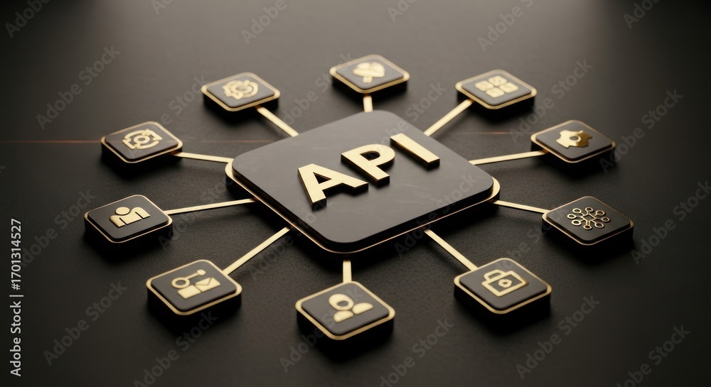 Wall mural black api node connected to eight squares on dark shiny background