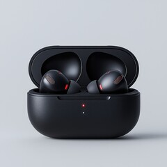 Black earbuds nestled in charging case against a soft gray background