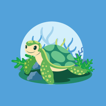 Green little turtle in flat cartoon style. Surrounded by corals, water bubbles, and seabed elements, making it great for both kids&rsquo; education themes and cute decorations. with blue background.