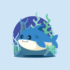 Playful shark vector with a fun look. Accompanied by coral reef, sea stones, and underwater plants, perfect for children’s materials or fun ocean-themed designs.