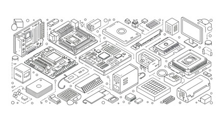 intricate computer hardware components arranged in artistic pattern