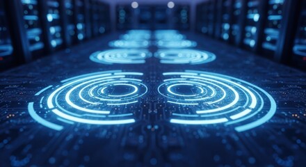 Blue tech server room with glowing circular pattern