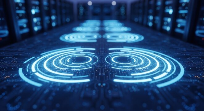 Blue tech server room with glowing circular pattern