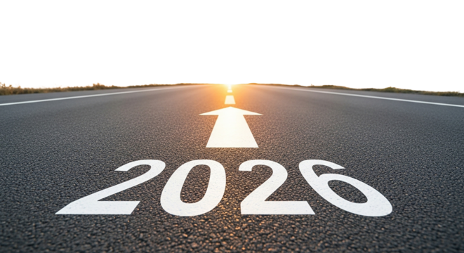 Direction to success is a forward path on an asphalt road with a blue sky background