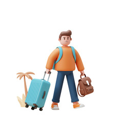 Happy 3d Cartoon Character Ready for Vacation Holding Luggage and Backpack