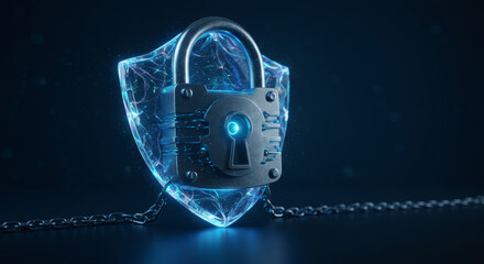 Digital cybersecurity concept featuring a glowing neon shield and padlock icon on a dark background, representing data protection and internet safety