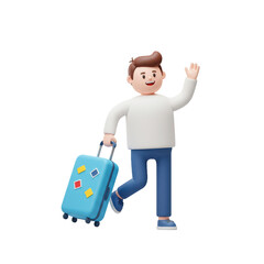 Smiling 3d Cartoon Man Waving with Luggage, Ready for Vacation Travel