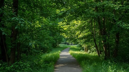 Serene Pathway through Lush Forest A Tranquil Nature Scene with Sunlight Glinting Through the Trees