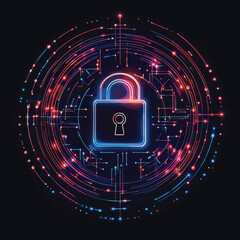 Data security emblem featuring padlock surrounded by digital lines and colorful circle frame conveying robust protection within a network environment , vector style simple color