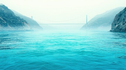Bridge spans turquoise river between rugged, foggy hills under pale sky
