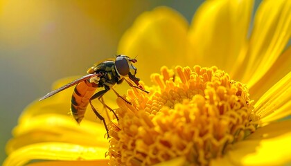 A detailed close-up view of a hoverfly resting on a bright yellow flower, showcasing intricate details and vibrant colors.