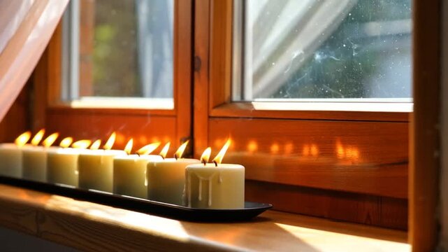 A Serene Row of Flickering Candles on a Windowsill as One is Extinguished, Leaving a Wisp of Smoke