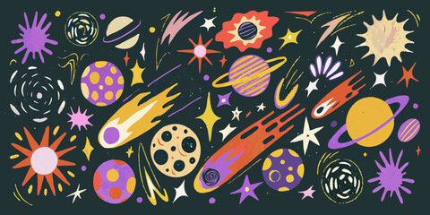 Whimsical hand drawn space illustration with planets stars and comets in vibrant colors © Apurba
