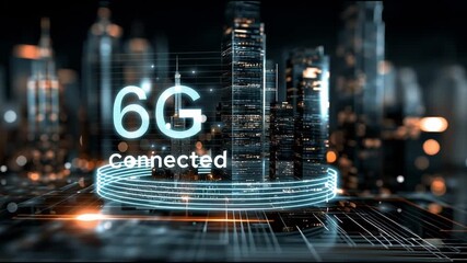 6G network infrastructure. Quantum communication. Holographic communication. Data Speed. Futuristic cityscape with 6G connectivity theme. - Powered by Adobe