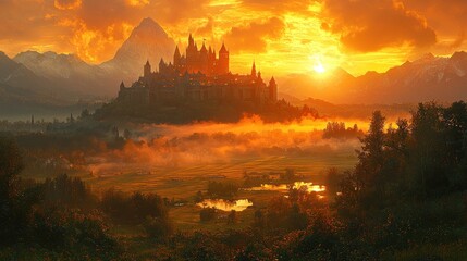 Fototapeta premium Majestic castle at sunset, misty valley, mountains.