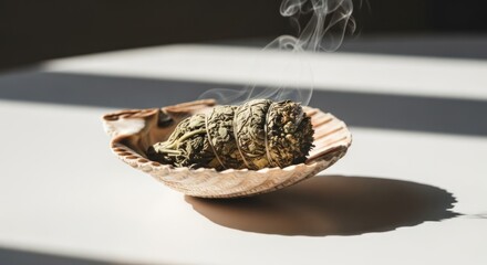Burning sage in seashell, smoke rising, on bright white surface with shadows
