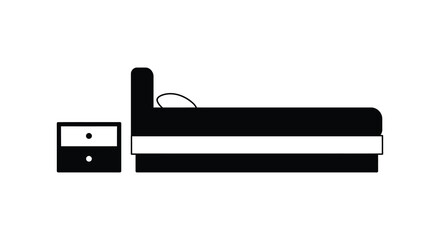 a simple black and white illustration of a bed with nightstand