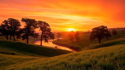 A scenic landscape with trees at sunset or sunrise