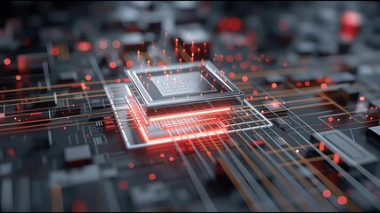 6G network infrastructure. Quantum communication. Holographic communication. Data Speed. A digital rendering of a glowing computer chip on a circuit board. - Powered by Adobe