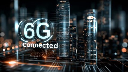 6G network infrastructure. Quantum communication. Holographic communication. Data Speed. Futuristic cityscape showcasing 6G technology and connectivity. - Powered by Adobe