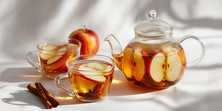 Warm spiced apple tea in glass teapot and cups with cinnamon sticks  