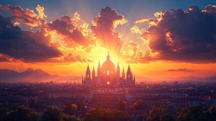 Dramatic sunset over a majestic cathedral in a sprawling city.